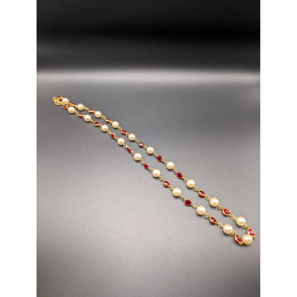 Open Bezel Necklace Gold Tone Faux Pearl Red Rhinestone Beaded Womens 26inch